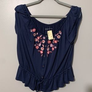 NWT Aeropostale Off The Shoulder Top Navy Embroidered Flowers
